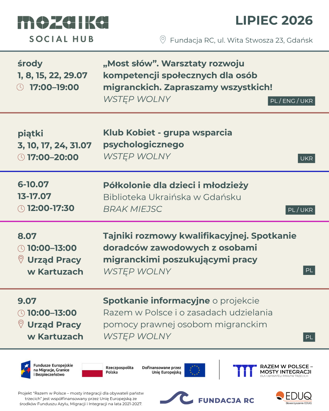 Program wydarzeń Mozaika Social Hub na lipiec 2026