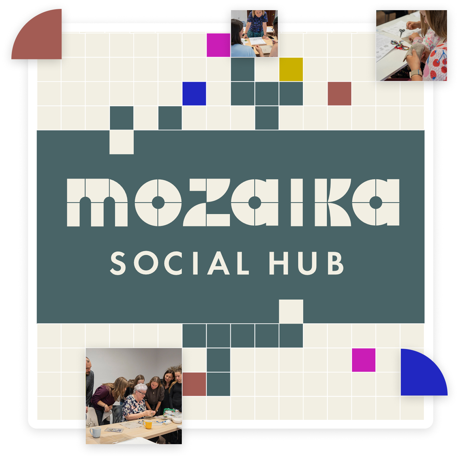 Mozaika Social Hub — znak marki otoczony zdjęciami społeczności